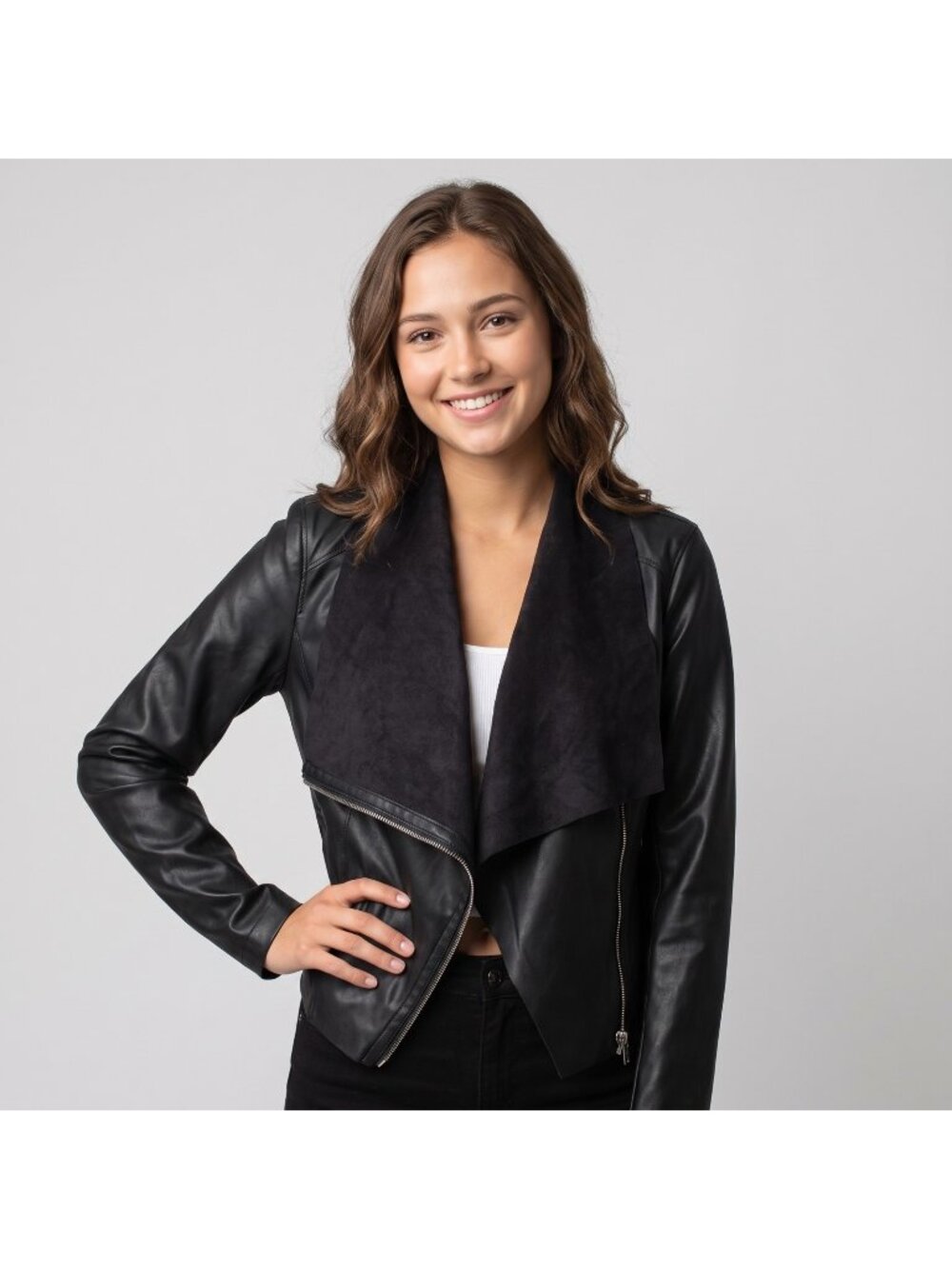BLANKNYC Women's Onto the Next Faux Leather Drape Front Jacket in size Medium